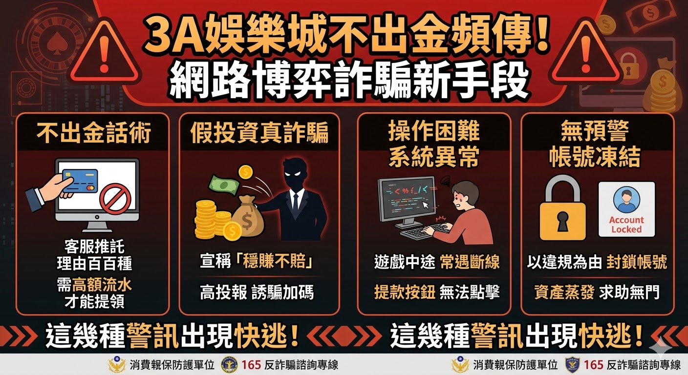 3A娛樂城不出金頻傳！網路博弈詐騙新手段，這幾種警訊出現快逃！